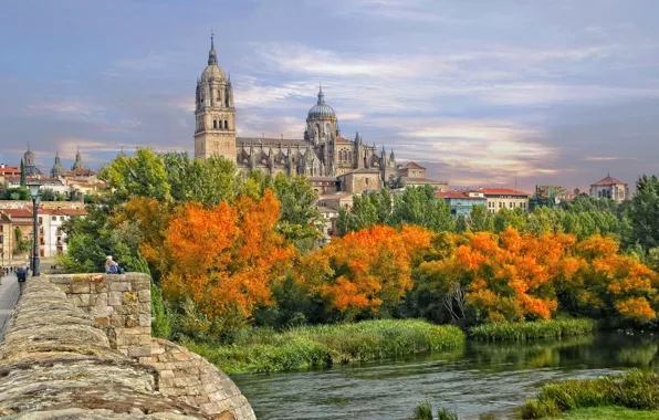 Autumn, trees, bridge, river, Cathedral, Spain, the parapet, Spain