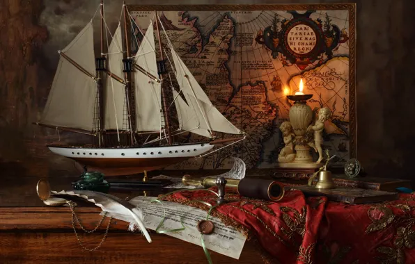 Picture pen, model, ship, map, candle, pipe, still life, wax