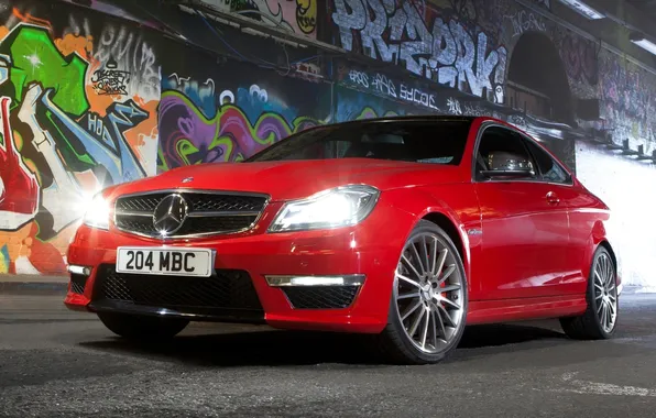Red, wall, coupe, Mercedes-Benz, Mercedes, grafiti, coupe, the front