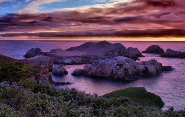 Picture sea, the sky, clouds, sunset, stones, rocks, coast, horizon