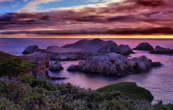 Sea, the sky, clouds, sunset, stones, rocks, coast, horizon