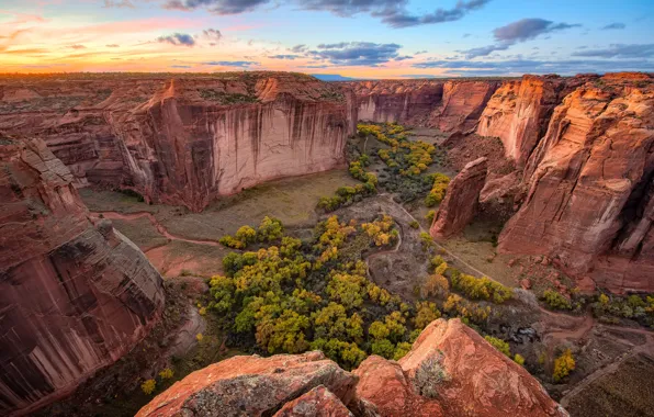 The sky, clouds, trees, sunset, stream, horizon, canyon