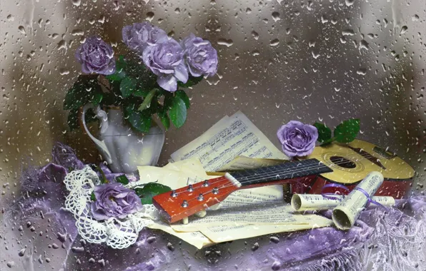 Picture notes, guitar, roses, still life