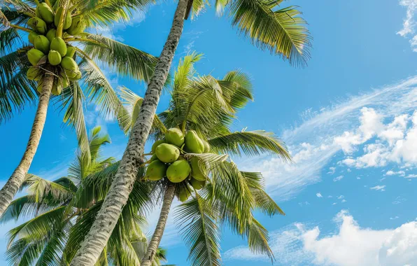 The sky, leaves, clouds, tropics, blue, palm trees, fruit, green