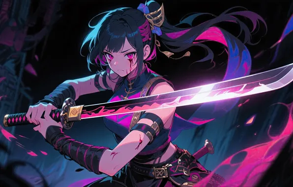 Picture blue, pink, katana, samurai, warrior, glowing, neon