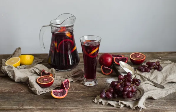 Glass, lemon, orange, grapes, pitcher, sangria