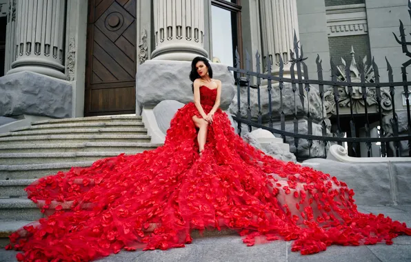 Girl, pose, style, red, the building, train, dress, ladder