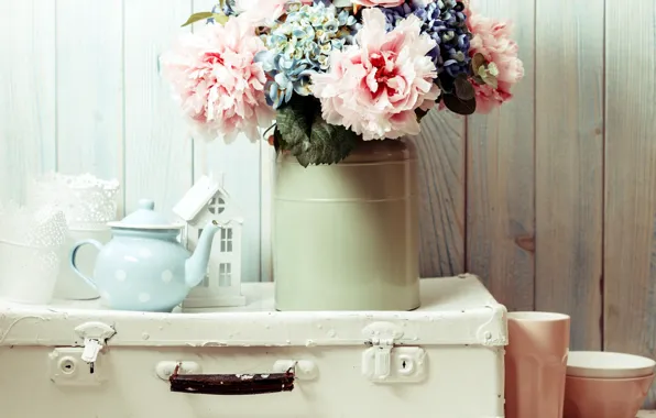 Flowers, bouquet, kettle, suitcase, peonies, decor