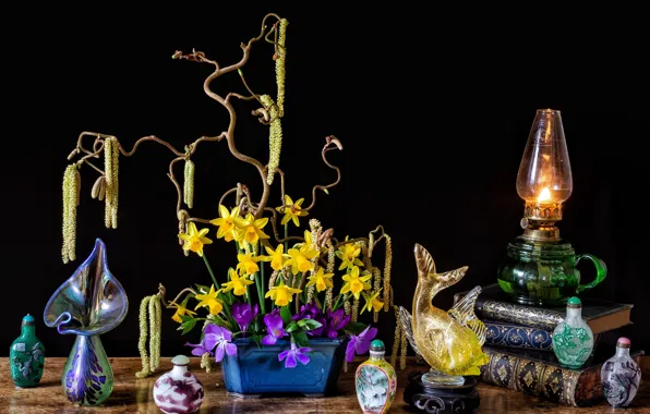 Picture flowers, style, background, books, lamp, fish, crocuses, still life