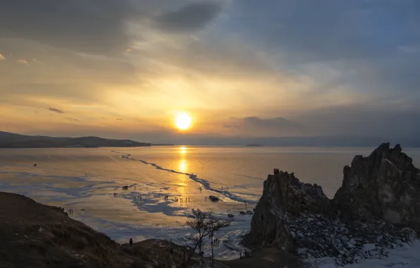 Winter, snow, sunset, shore, pond