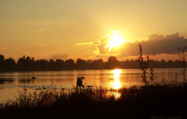 Trees, sunset, nature, river, shore, people, fisherman, the evening