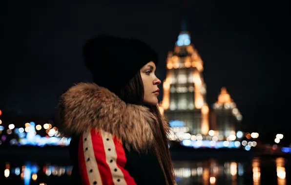 Night, lights, glare, model, hat, portrait, makeup, jacket