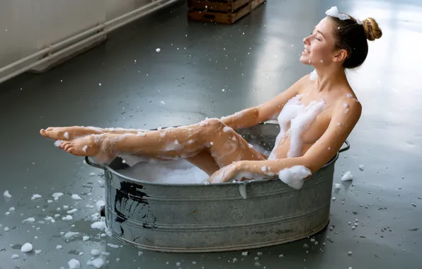 Chest, foam, pose, model, naked, body, wet, makeup