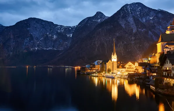 Light, mountains, night, the city, lights, reflection, shore, the slopes