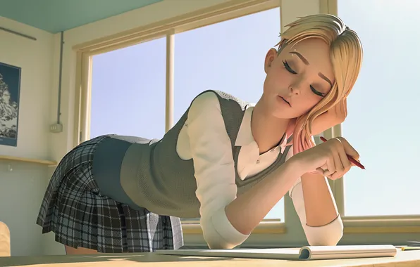 Picture short hair, blonde, Gwen Stacy, bent over, closed eyes, parted lips, head tilt, Marvel character