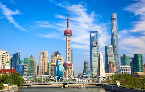 The sky, the sun, clouds, bridge, river, home, skyscrapers, China