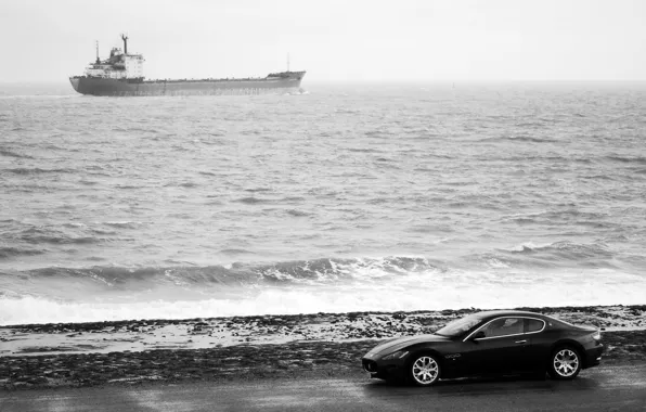 Sea, machine, coast, Maserati, tanker, black and white, granturismo