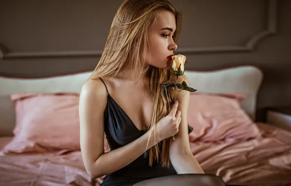 Flower, girl, rose, dress, bed, profile, Rus, Olga Kaniskina