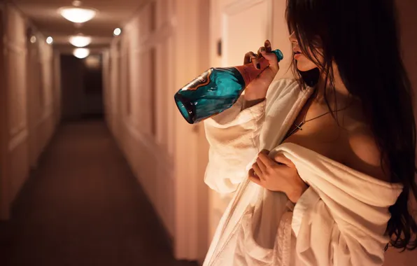 Girl, stay, bottle, the hotel, Bathrobe, Elvira