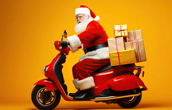 Moped, Christmas, gifts, New year, Santa Claus, Santa Claus, yellow background, riding
