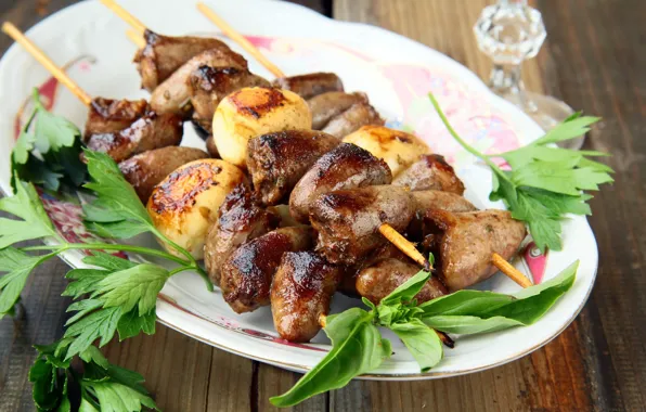 Greens, kebabs, heart