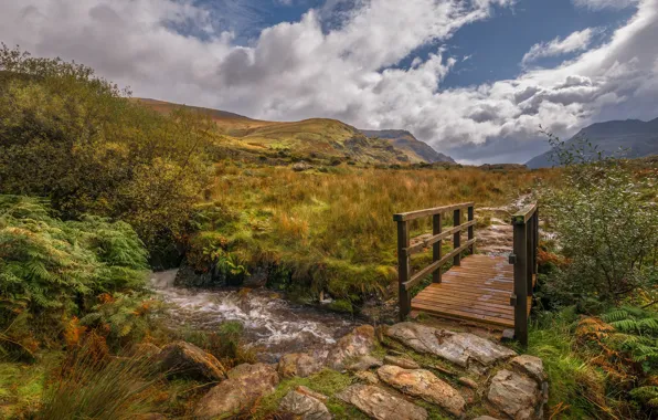 Mountains, stream, the bridge, Wales, Snowdonia