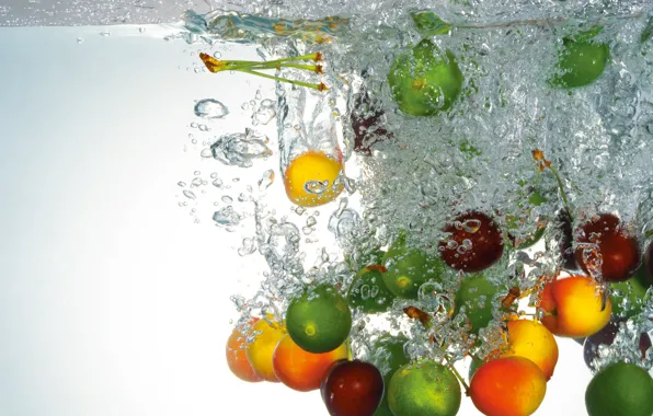 Picture water, bubbles, lime, fruit, cherry, lemons, apricots