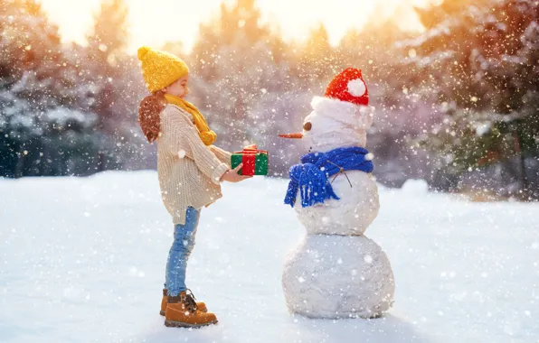 Mood, Winter, Snow, scarf, Children, Jeans, Girl, New year