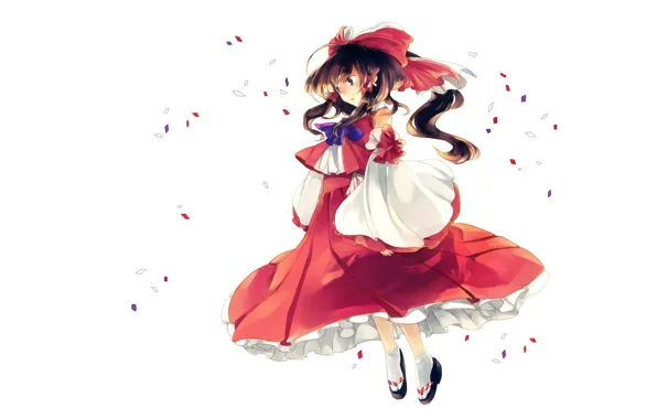 White background, bow, priestess, art, confetti, Hakurei Reimu, Touhou Project, Project East