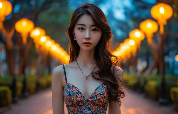 Park, girl, Asian, alley, cutie, sundress, asian, digital art