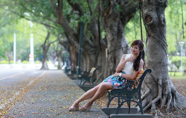 Picture girl, street, Asian, bench