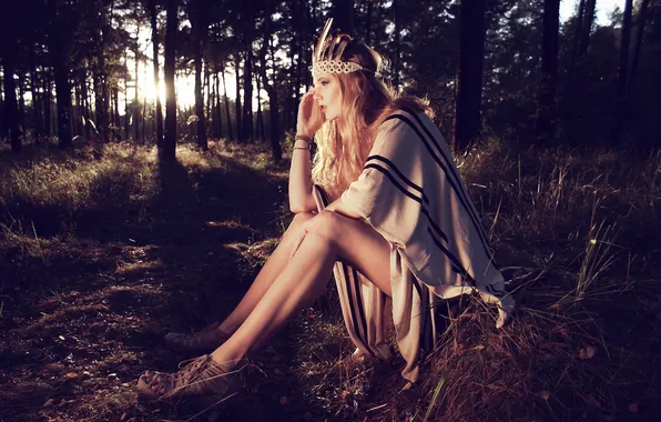 Forest, girl, feathers, blonde, poncho
