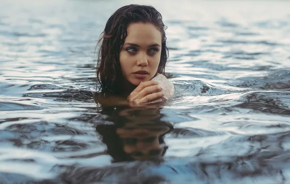 Eyes, look, water, girl, face, hair, hands, bathing