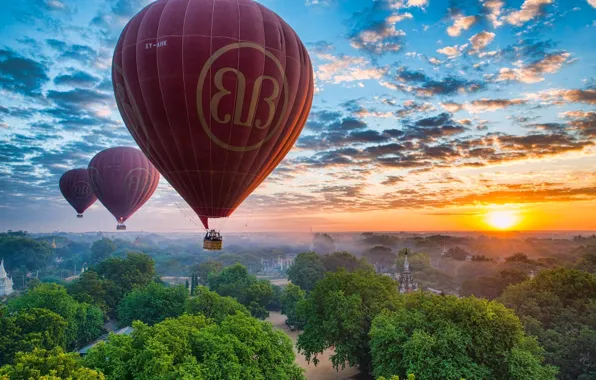 The sky, sunset, balloons, panorama, Myanmar, Burma, Myanmar, Bagan