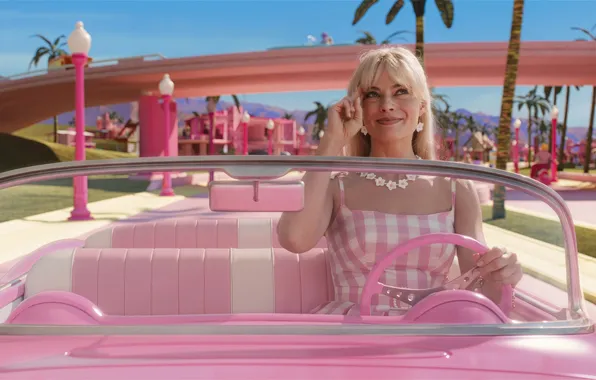 Auto, pink, frame, fantasy, blonde, beauty, Barbie, Margot Robbie