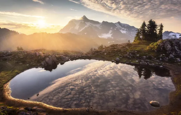 Mountains, nature, lake, reflection, dawn