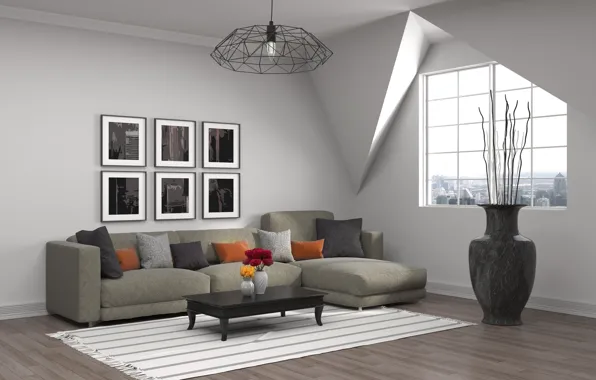 Sofa, pictures, vase, living room, modern