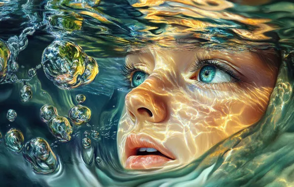 Look, water, light, face, glare, bubbles, child, bathing