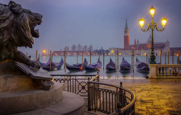 The city, boat, morning, lights, Italy, Venice, channel, sculpture