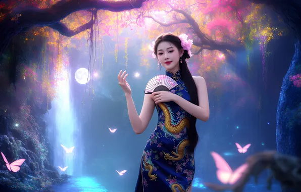Bright colors, girl, butterfly, night, magic, waterfall, Chinese, moonlight