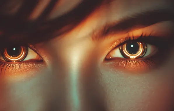 Eyes, girl, lights, eyes, women, yellow eyes, digital art, looking at viewer