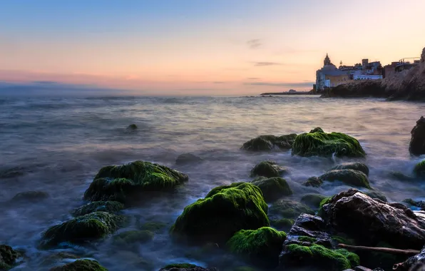 Sea, sunset, rocks, shore