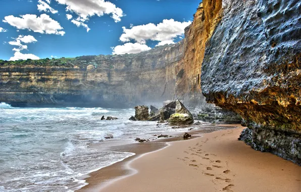 Picture sand, sea, the sky, water, clouds, landscape, mountains, traces