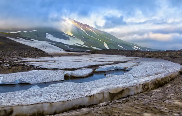 Ice, water, clouds, snow, mountains, stream, stones, valley