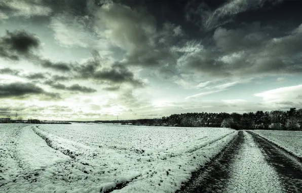 Picture field, forest, clouds, snow