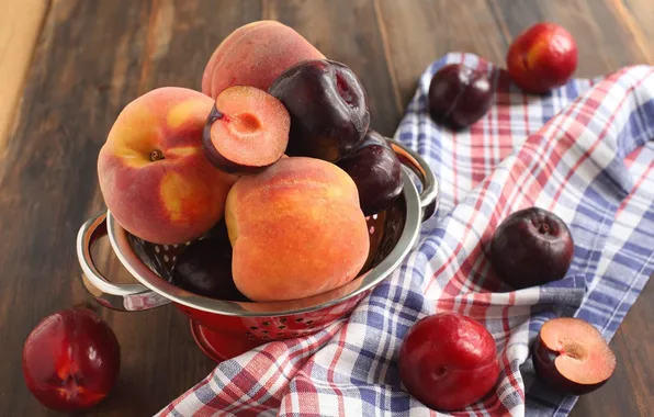 Cup, fruit, still life, peaches, tablecloth, drain