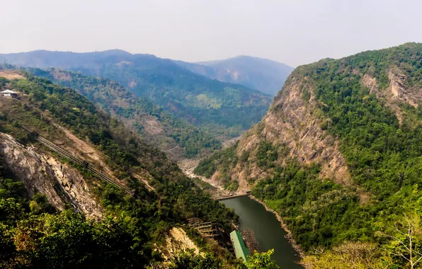 Forest, mountains, river, India, dam, gorge, the view from the top, Karnataka
