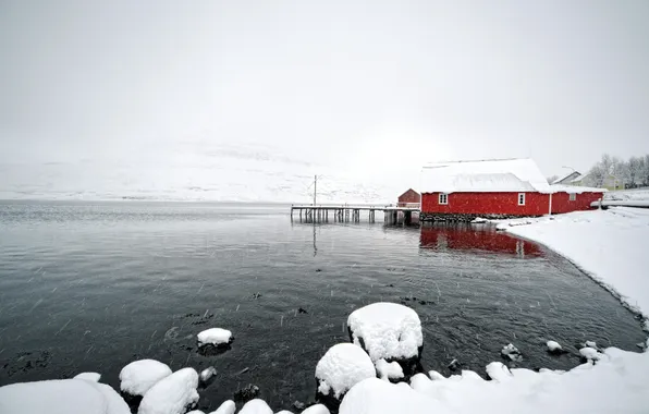 Winter, snow, lake, home