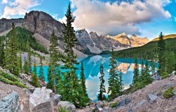 Trees, mountains, lake, stones, Banff National Park, Alberta, Canada, Moraine Lake