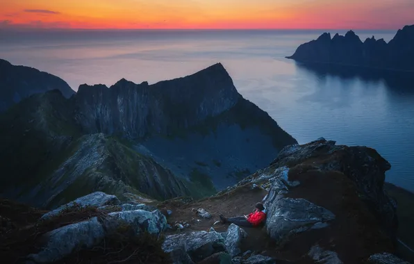 The sky, sunset, stones, rocks, shore, people, dal, the evening